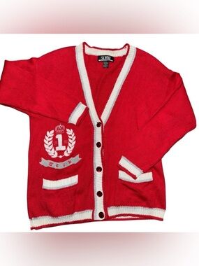 SK Wear Red Crest Cardigan Women’s Medium Varsity Style Jewel Button Sweater